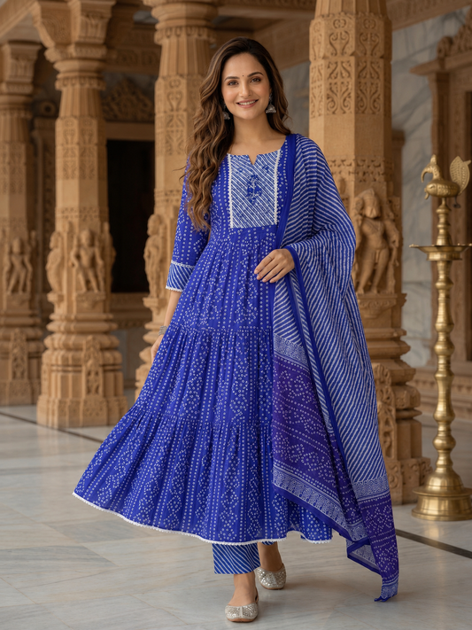 Indigo Blue Bandhani Lehariya Print Cotton Anarkali Kurta Set with Pant & Dupatta