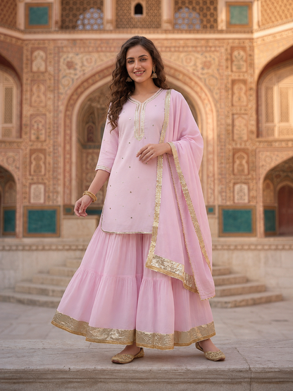 Blush Pink Solid Cotton Mulmul Straight Kurta Set with Gota & Mirror Work, Sharara & Dupatta