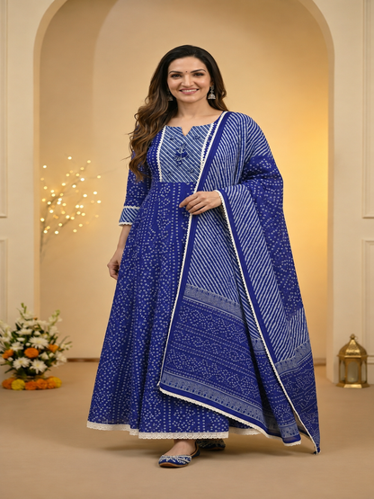 Indigo Blue Bandhani Lehariya Print Cotton Anarkali Kurta Set with Pant & Dupatta