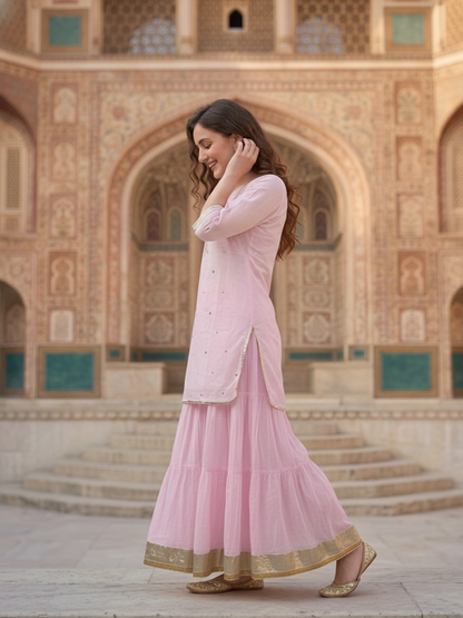 Blush Pink Solid Cotton Mulmul Straight Kurta Set with Gota & Mirror Work, Sharara & Dupatta