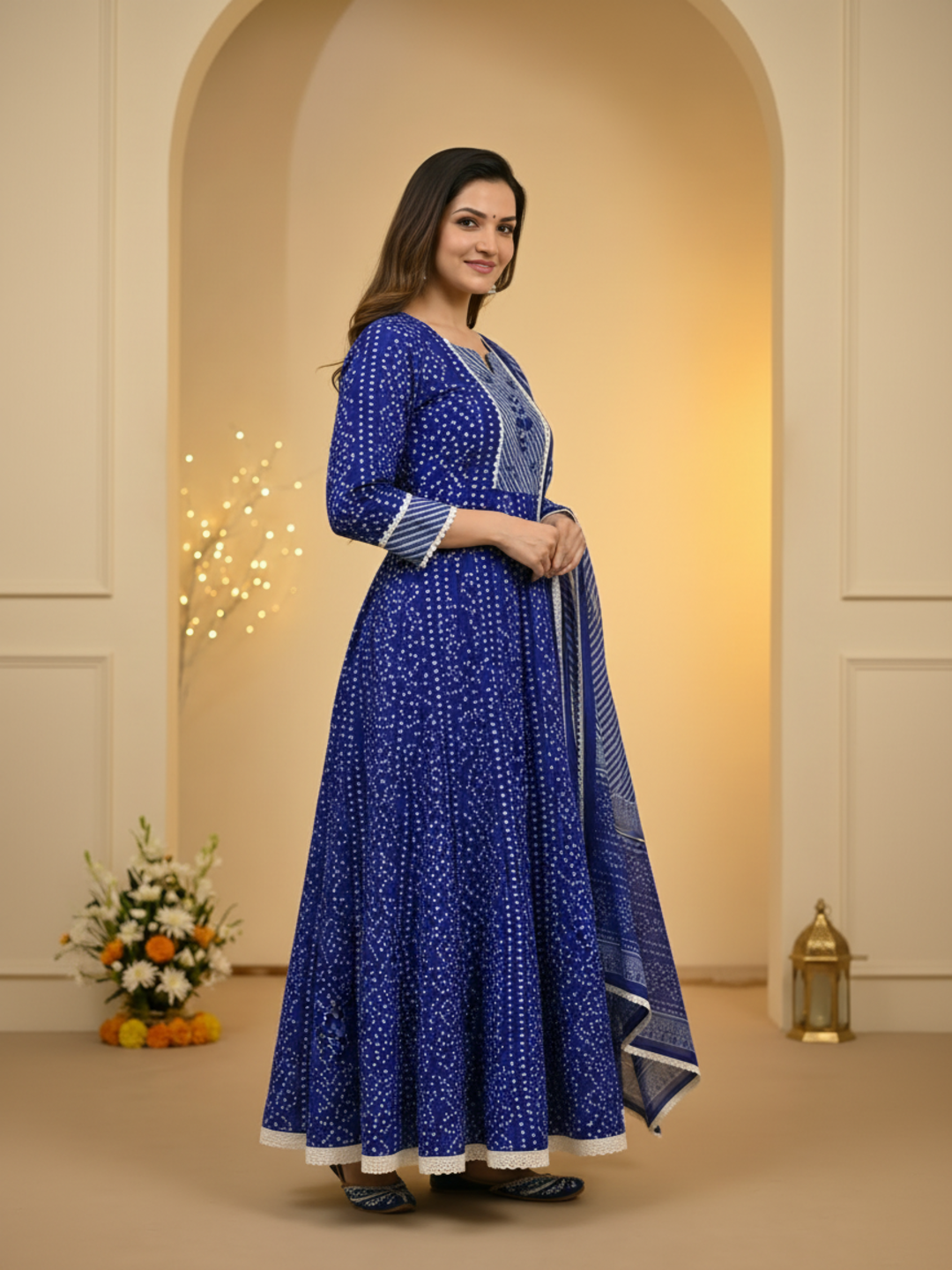 Indigo Blue Bandhani Lehariya Print Cotton Anarkali Kurta Set with Pant & Dupatta