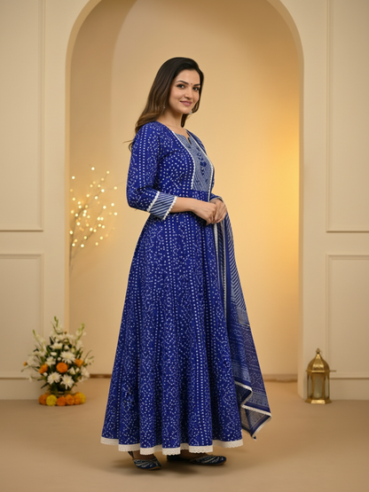 Indigo Blue Bandhani Lehariya Print Cotton Anarkali Kurta Set with Pant & Dupatta