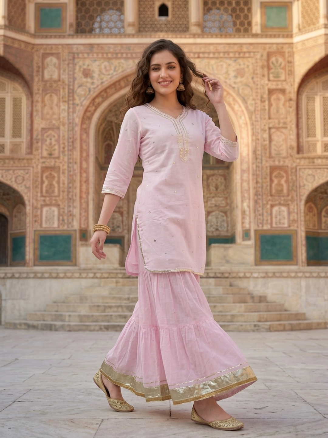 Blush Pink Solid Cotton Mulmul Straight Kurta Set with Gota & Mirror Work, Sharara & Dupatta