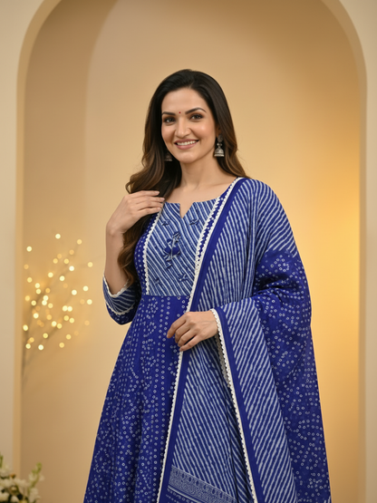 Indigo Blue Bandhani Lehariya Print Cotton Anarkali Kurta Set with Pant & Dupatta