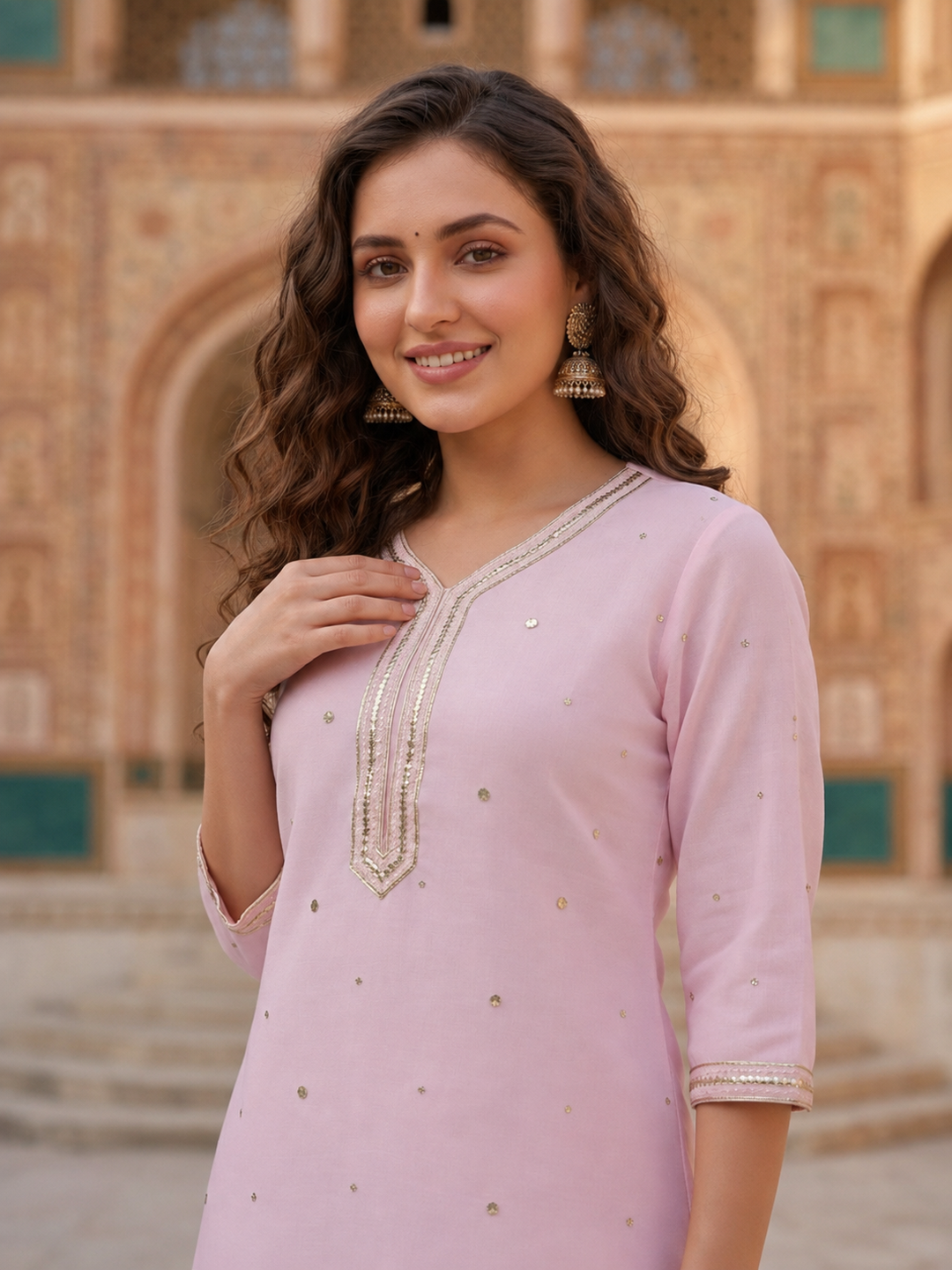 Blush Pink Solid Cotton Mulmul Straight Kurta Set with Gota & Mirror Work, Sharara & Dupatta