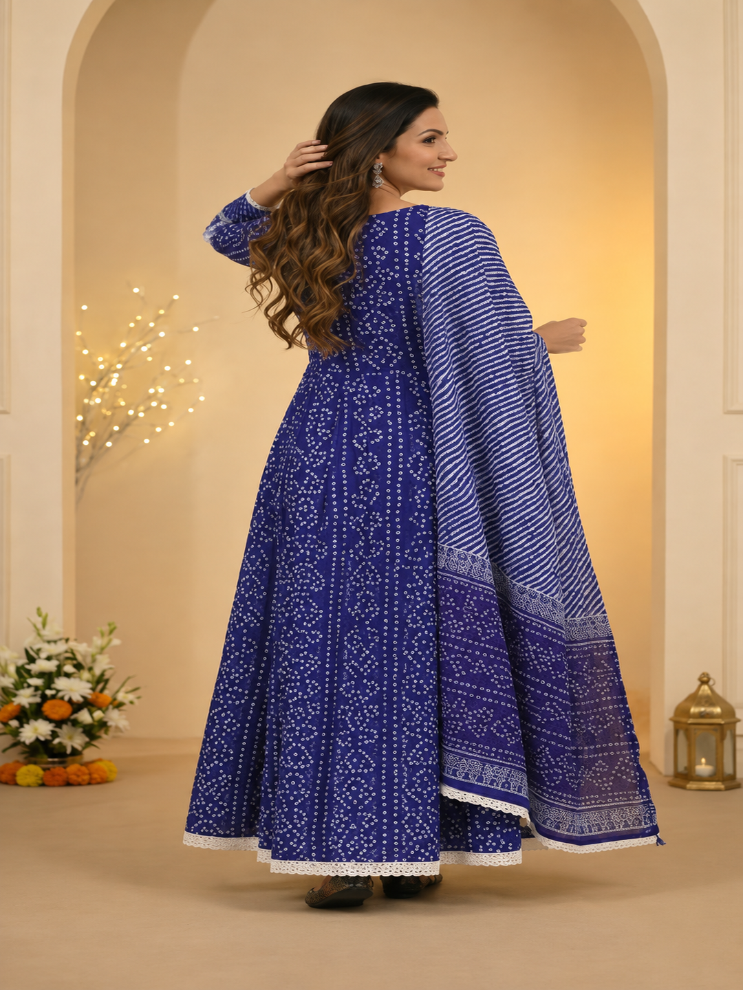 Indigo Blue Bandhani Lehariya Print Cotton Anarkali Kurta Set with Pant & Dupatta