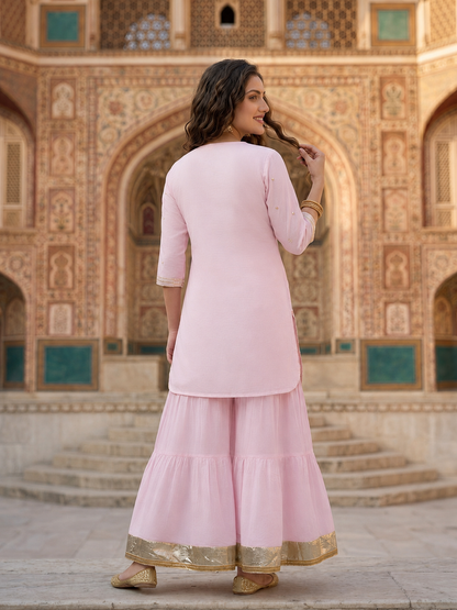 Blush Pink Solid Cotton Mulmul Straight Kurta Set with Gota & Mirror Work, Sharara & Dupatta