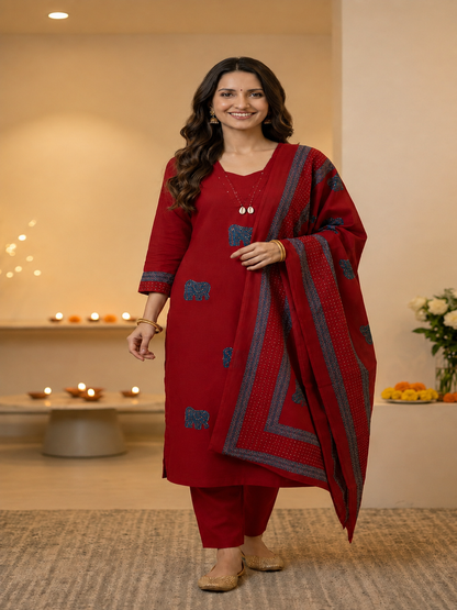 Brick Red Solid Cotton Straight Kurta Set with Kantha Work & Elephant Patchwork, Pant & Dupatta