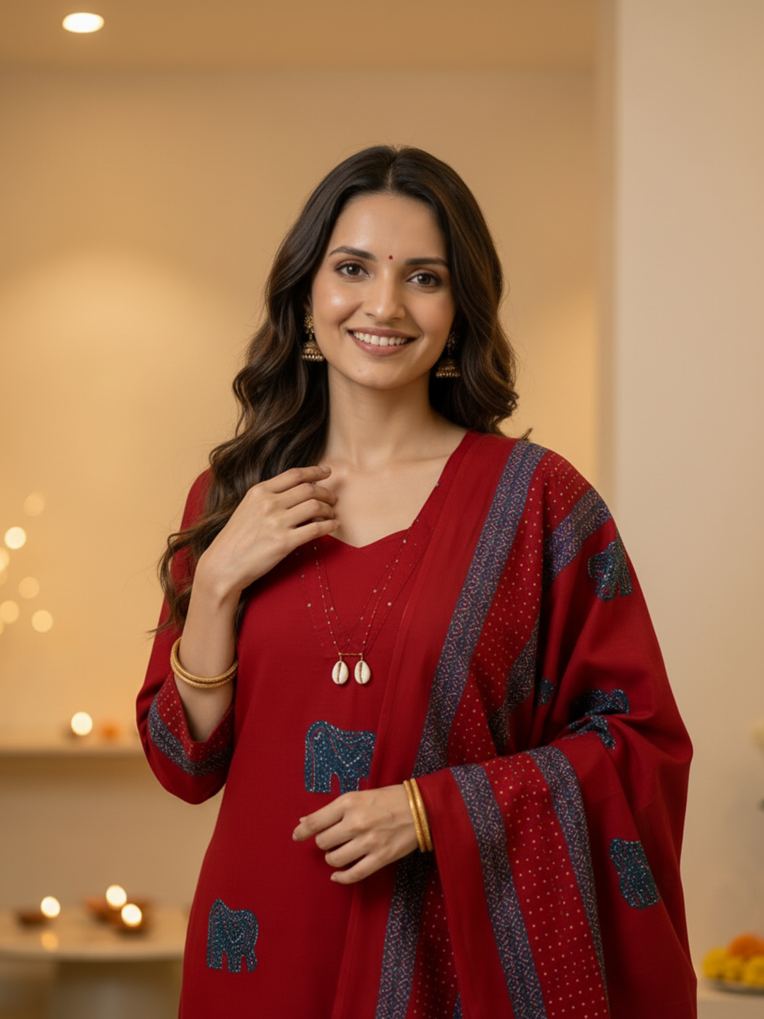 Brick Red Solid Cotton Straight Kurta Set with Kantha Work & Elephant Patchwork, Pant & Dupatta