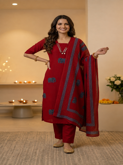 Brick Red Solid Cotton Straight Kurta Set with Kantha Work & Elephant Patchwork, Pant & Dupatta
