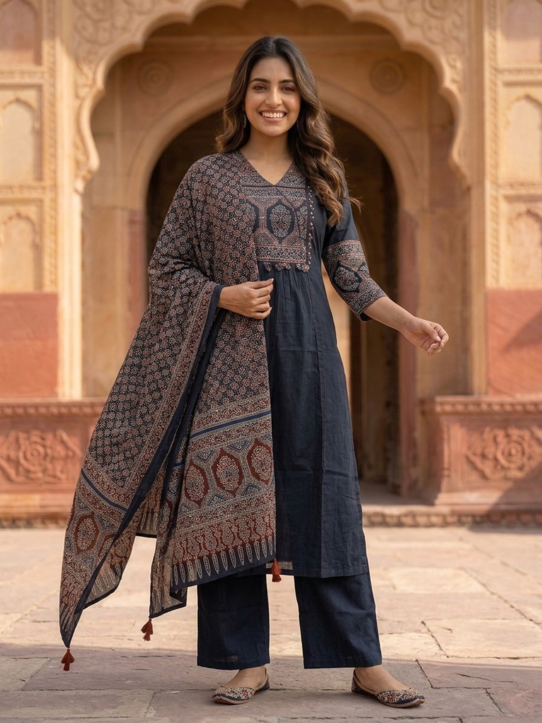 Black Ajrakh & Floral Block Print Cotton A-Line Kurta Set with Beadwork, Palazzo & Dupatta