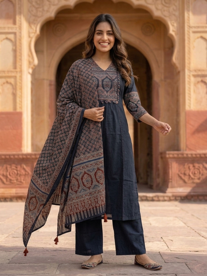 Black Ajrakh & Floral Block Print Cotton A-Line Kurta Set with Beadwork, Palazzo & Dupatta