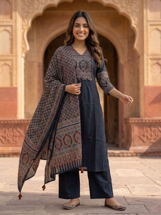 Black Ajrakh & Floral Block Print Cotton A-Line Kurta Set with Beadwork, Palazzo & Dupatta