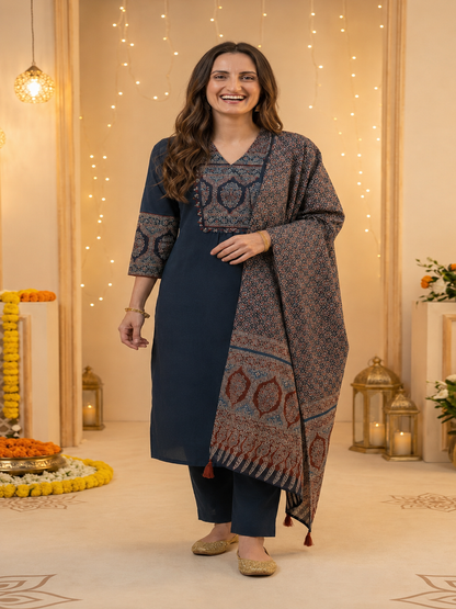 Black Ajrakh & Floral Block Print Cotton A-Line Kurta Set with Beadwork, Palazzo & Dupatta