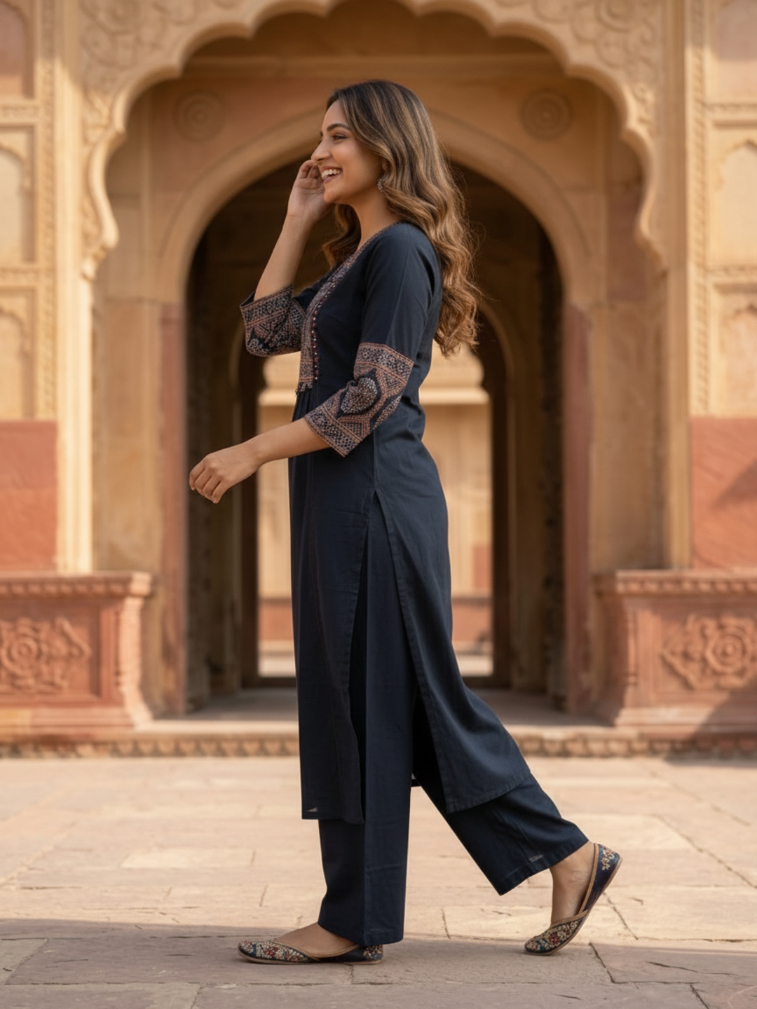 Black Ajrakh & Floral Block Print Cotton A-Line Kurta Set with Beadwork, Palazzo & Dupatta