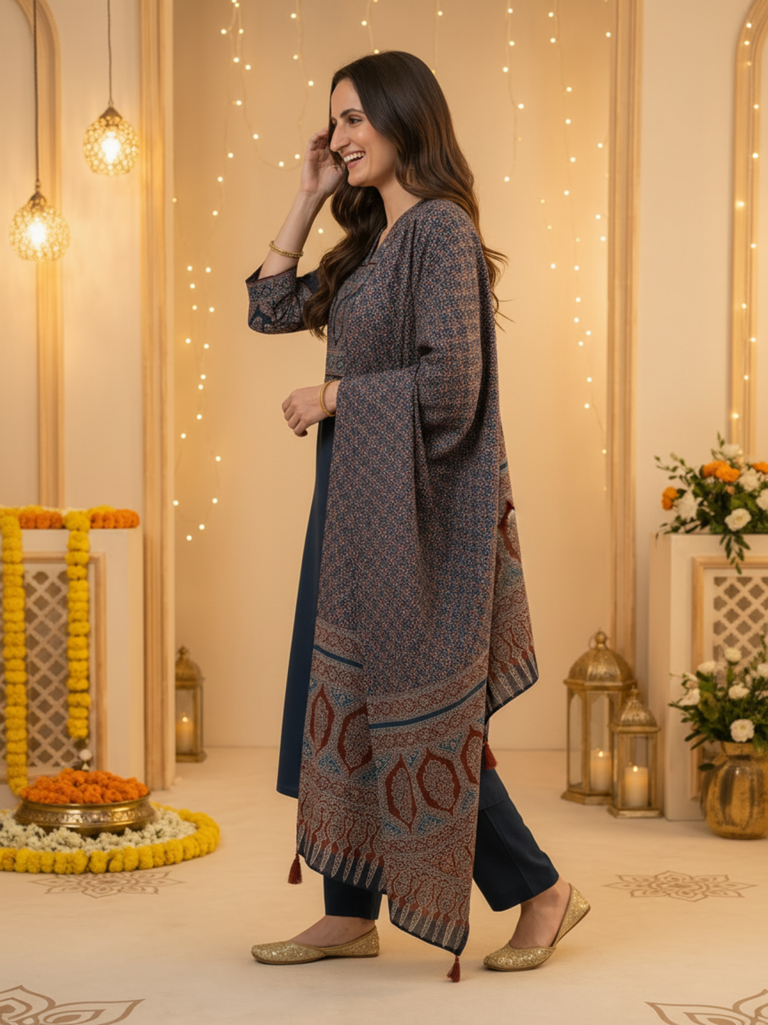 Black Ajrakh & Floral Block Print Cotton A-Line Kurta Set with Beadwork, Palazzo & Dupatta