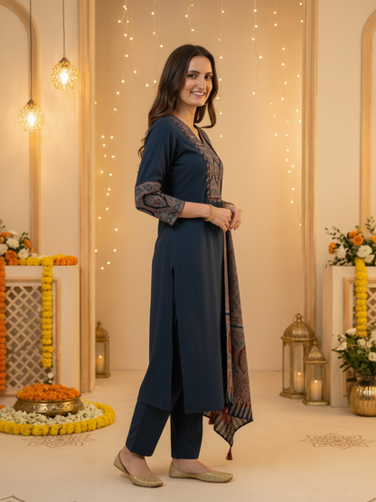 Black Ajrakh & Floral Block Print Cotton A-Line Kurta Set with Beadwork, Palazzo & Dupatta