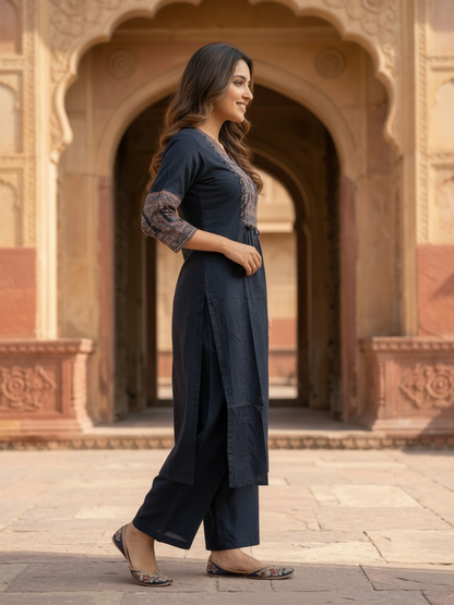 Black Ajrakh & Floral Block Print Cotton A-Line Kurta Set with Beadwork, Palazzo & Dupatta