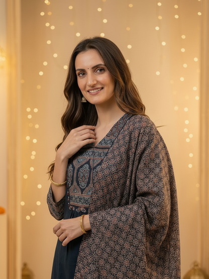 Black Ajrakh & Floral Block Print Cotton A-Line Kurta Set with Beadwork, Palazzo & Dupatta