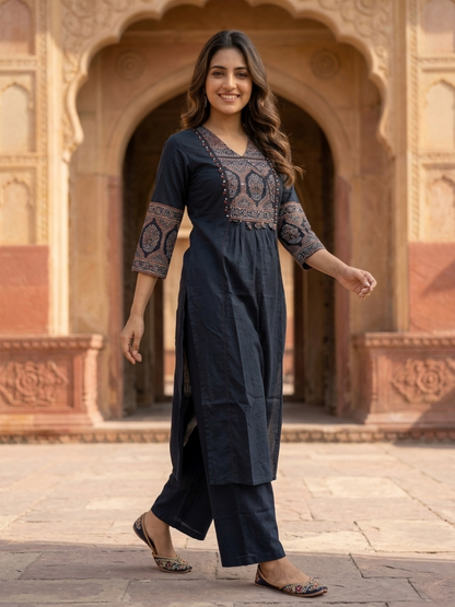 Black Ajrakh & Floral Block Print Cotton A-Line Kurta Set with Beadwork, Palazzo & Dupatta