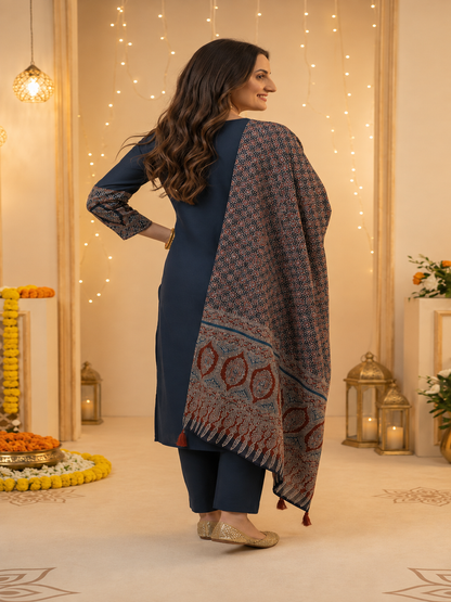 Black Ajrakh & Floral Block Print Cotton A-Line Kurta Set with Beadwork, Palazzo & Dupatta
