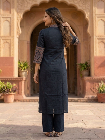 Black Ajrakh & Floral Block Print Cotton A-Line Kurta Set with Beadwork, Palazzo & Dupatta