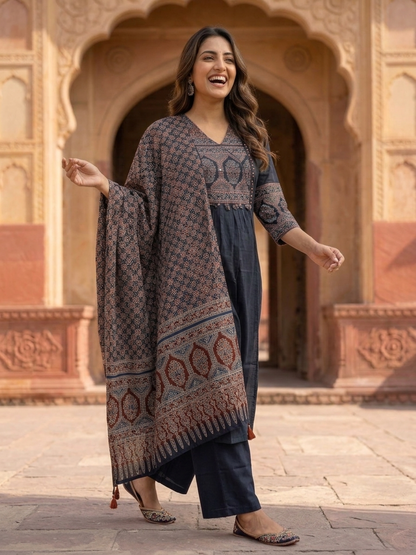 Black Ajrakh & Floral Block Print Cotton A-Line Kurta Set with Beadwork, Palazzo & Dupatta