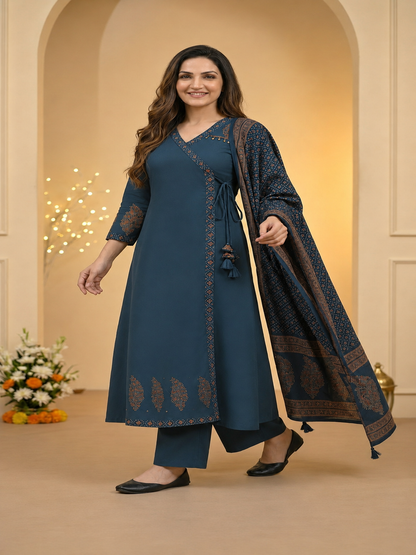 Indigo Blue Floral Block Print Cotton Anarkali Kurta Set with Beadwork, Palazzo & Dupatta