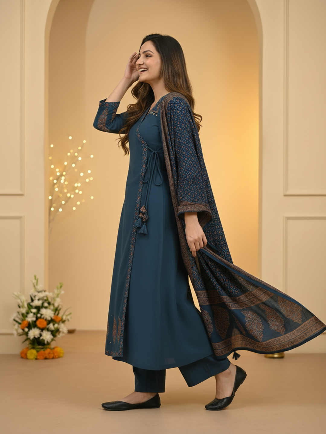 Indigo Blue Floral Block Print Cotton Anarkali Kurta Set with Beadwork, Palazzo & Dupatta