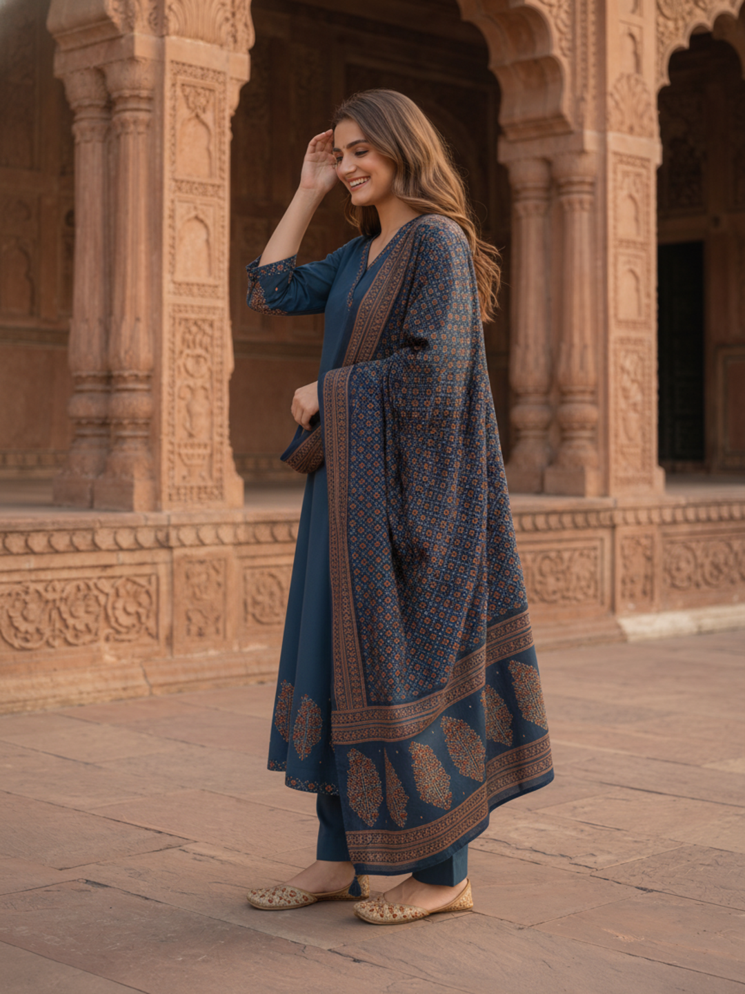 Indigo Blue Floral Block Print Cotton Anarkali Kurta Set with Beadwork, Palazzo & Dupatta