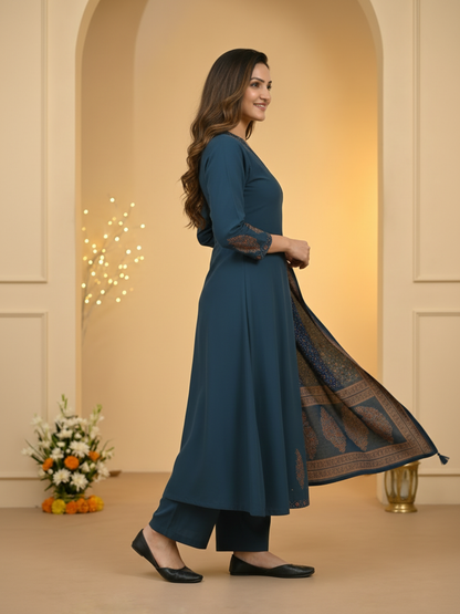Indigo Blue Floral Block Print Cotton Anarkali Kurta Set with Beadwork, Palazzo & Dupatta