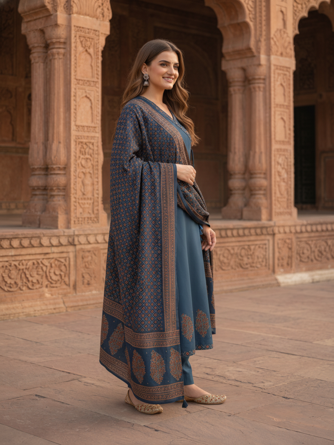 Indigo Blue Floral Block Print Cotton Anarkali Kurta Set with Beadwork, Palazzo & Dupatta