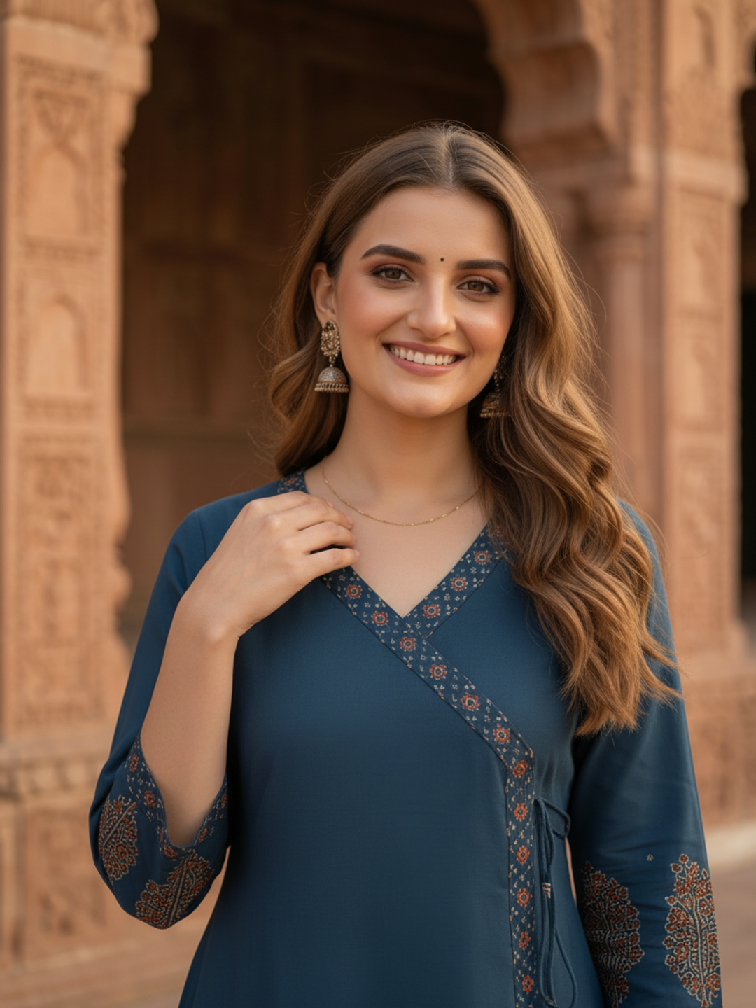 Indigo Blue Floral Block Print Cotton Anarkali Kurta Set with Beadwork, Palazzo & Dupatta