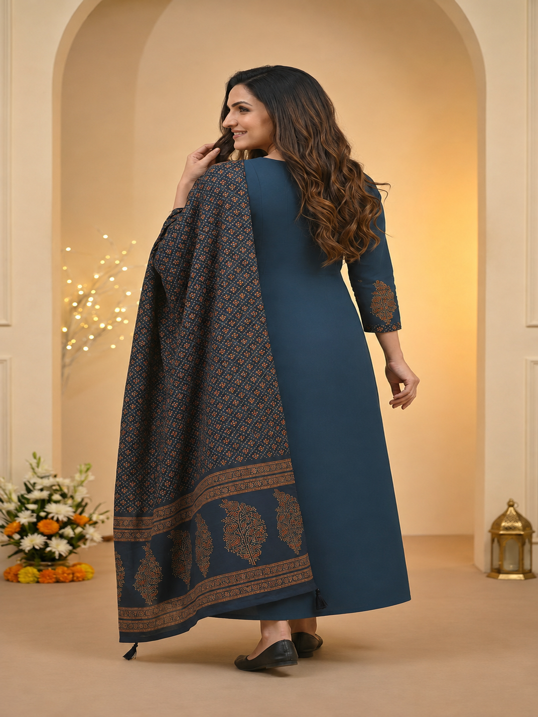 Indigo Blue Floral Block Print Cotton Anarkali Kurta Set with Beadwork, Palazzo & Dupatta