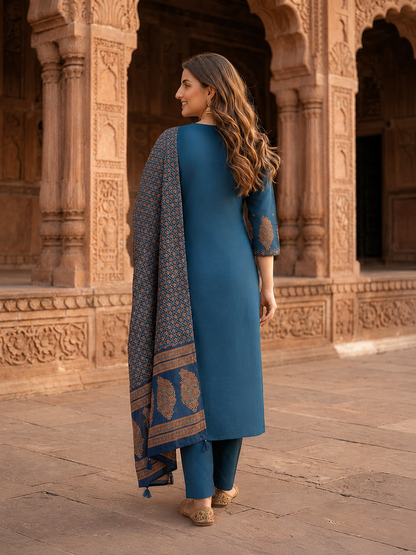 Indigo Blue Floral Block Print Cotton Anarkali Kurta Set with Beadwork, Palazzo & Dupatta