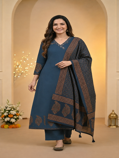 Indigo Blue Floral Block Print Cotton Anarkali Kurta Set with Beadwork, Palazzo & Dupatta
