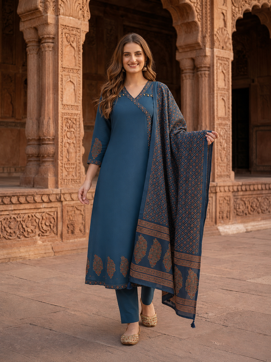 Indigo Blue Floral Block Print Cotton Anarkali Kurta Set with Beadwork, Palazzo & Dupatta