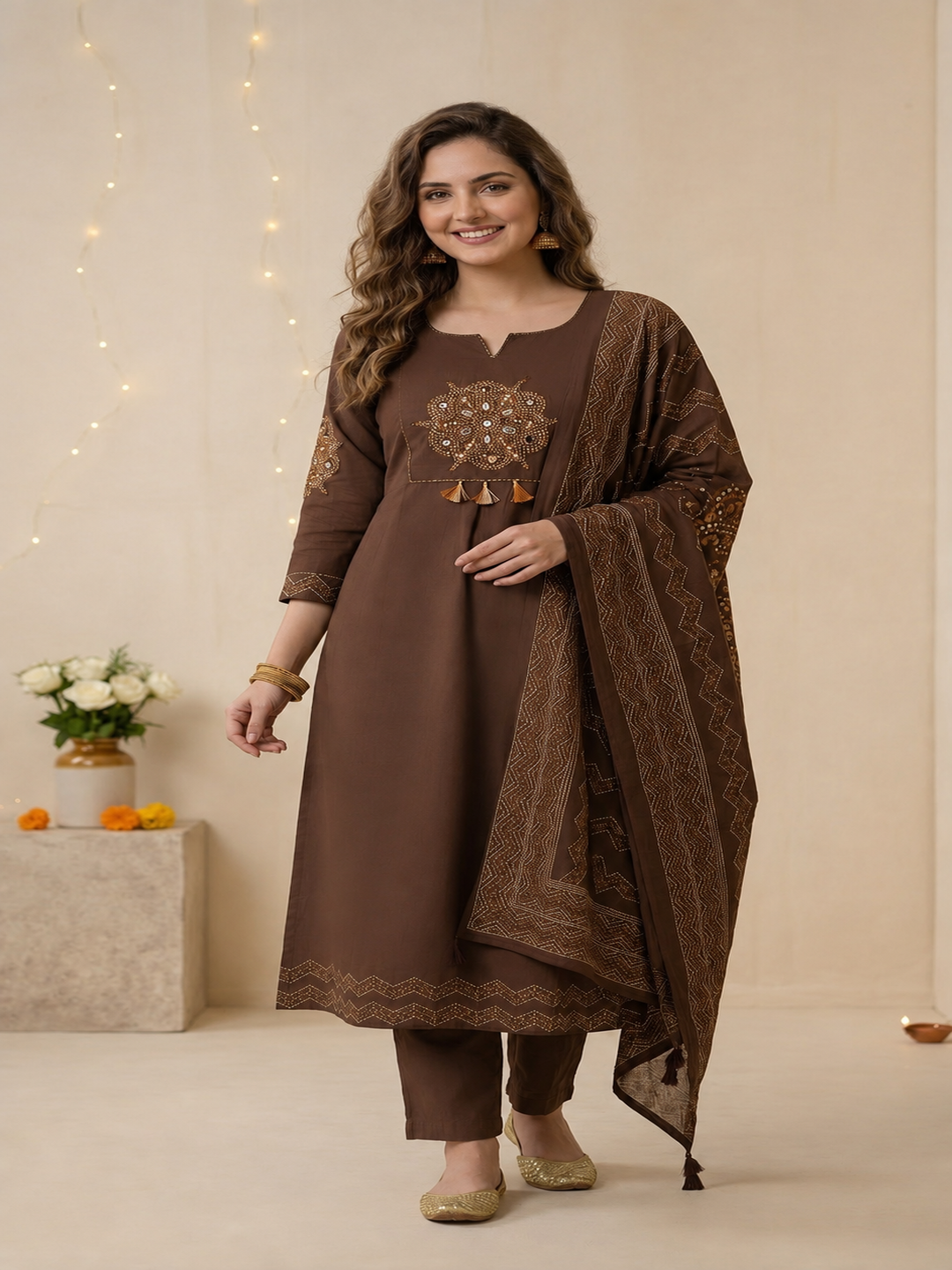 Coffee Brown Bandhani Print Cotton Anarkali Kurta Set with Mirror Work, Palazzo & Dupatta