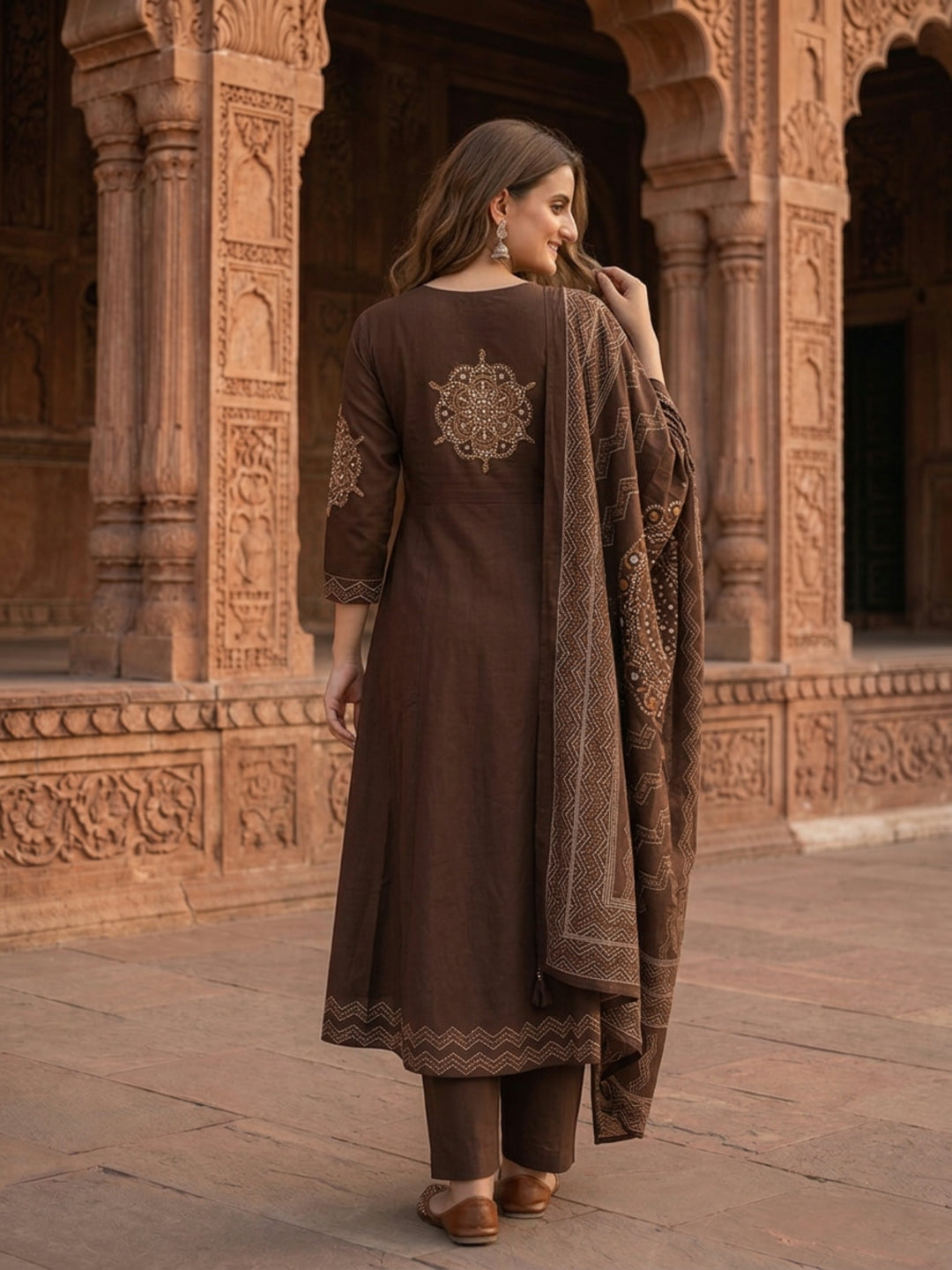 Coffee Brown Bandhani Print Cotton Anarkali Kurta Set with Mirror Work, Palazzo & Dupatta