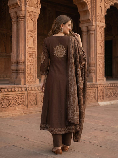 Coffee Brown Bandhani Print Cotton Anarkali Kurta Set with Mirror Work, Palazzo & Dupatta