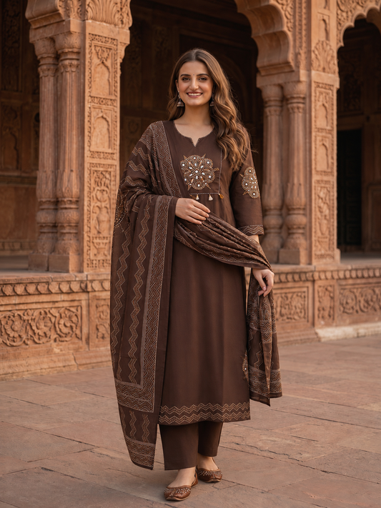 Coffee Brown Bandhani Print Cotton Anarkali Kurta Set with Mirror Work, Palazzo & Dupatta