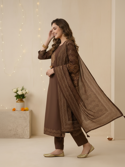 Coffee Brown Bandhani Print Cotton Anarkali Kurta Set with Mirror Work, Palazzo & Dupatta