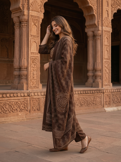 Coffee Brown Bandhani Print Cotton Anarkali Kurta Set with Mirror Work, Palazzo & Dupatta