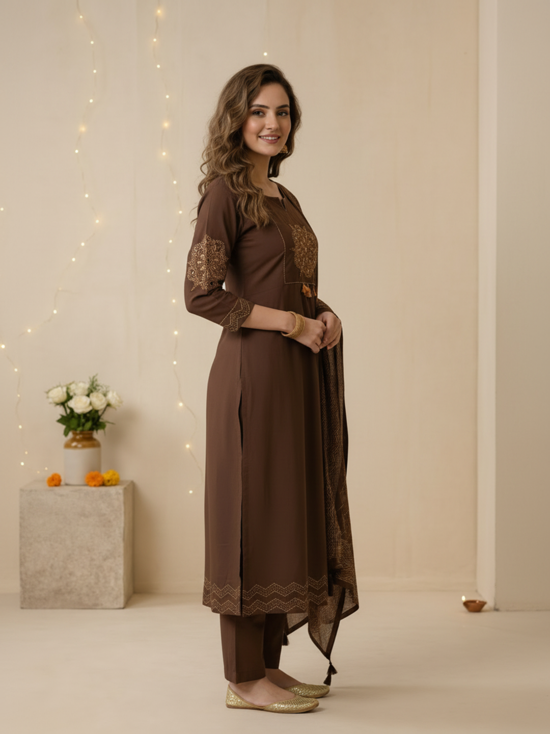 Coffee Brown Bandhani Print Cotton Anarkali Kurta Set with Mirror Work, Palazzo & Dupatta