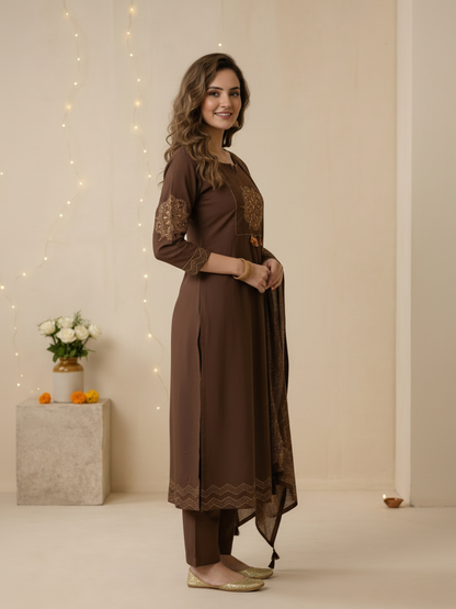 Coffee Brown Bandhani Print Cotton Anarkali Kurta Set with Mirror Work, Palazzo & Dupatta