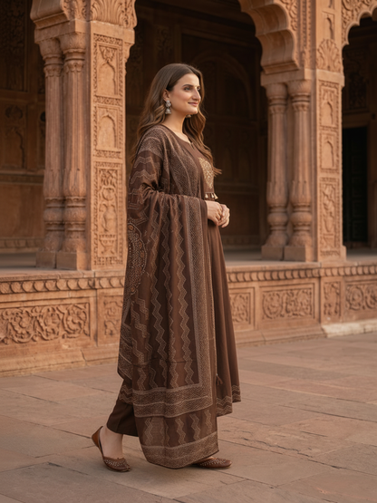 Coffee Brown Bandhani Print Cotton Anarkali Kurta Set with Mirror Work, Palazzo & Dupatta
