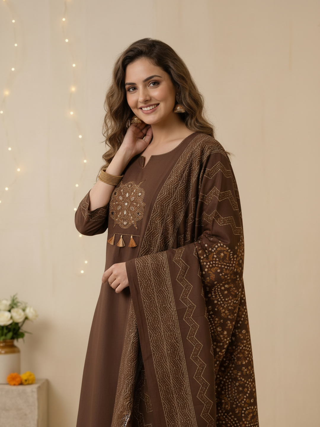Coffee Brown Bandhani Print Cotton Anarkali Kurta Set with Mirror Work, Palazzo & Dupatta