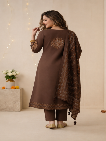 Coffee Brown Bandhani Print Cotton Anarkali Kurta Set with Mirror Work, Palazzo & Dupatta