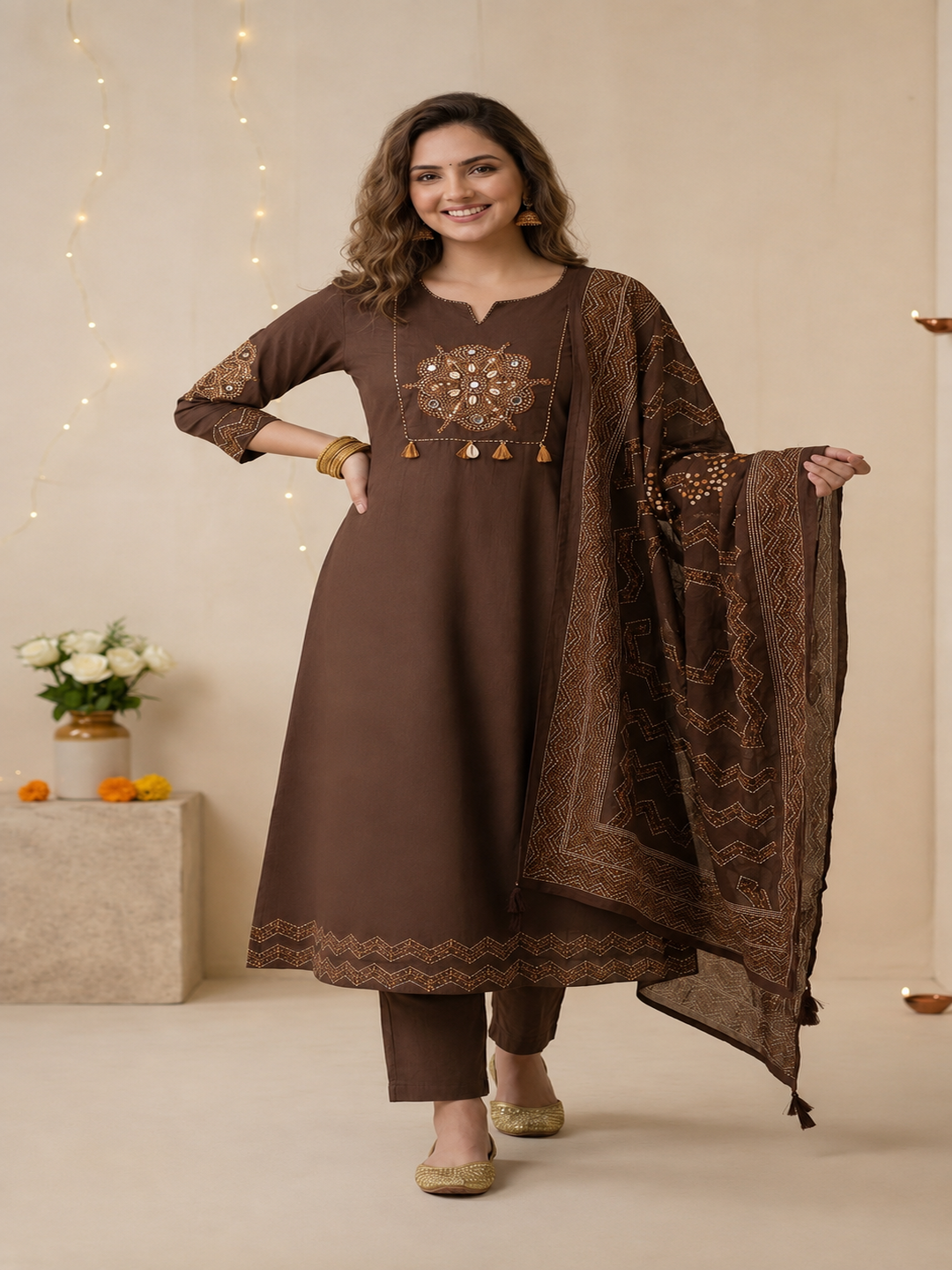 Coffee Brown Bandhani Print Cotton Anarkali Kurta Set with Mirror Work, Palazzo & Dupatta