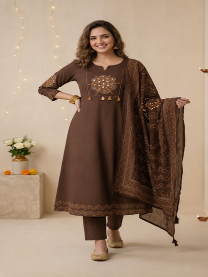 Coffee Brown Bandhani Print Cotton Anarkali Kurta Set with Mirror Work, Palazzo & Dupatta